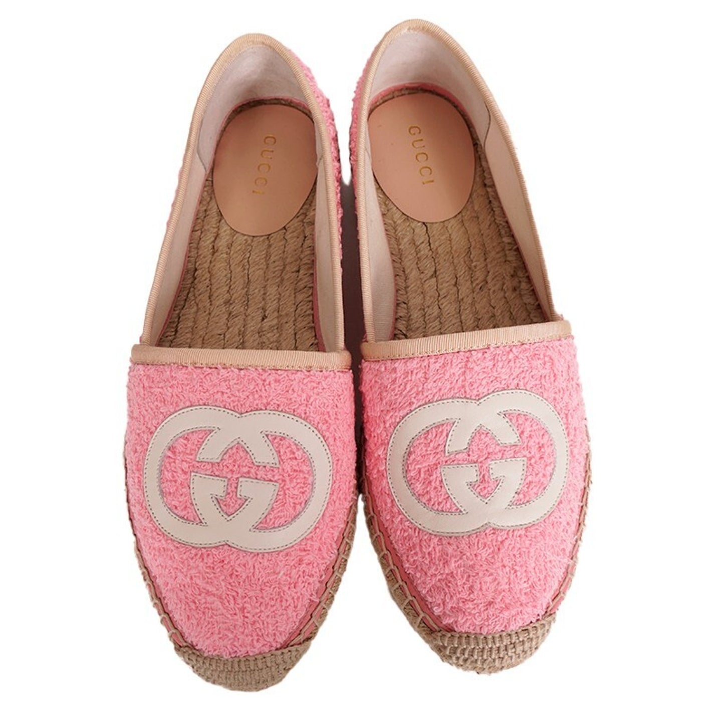 37.5 NEW $620 GUCCI Pink TERRY CLOTH Large GG LOGO Espadrille SUMMER FLATS NIB