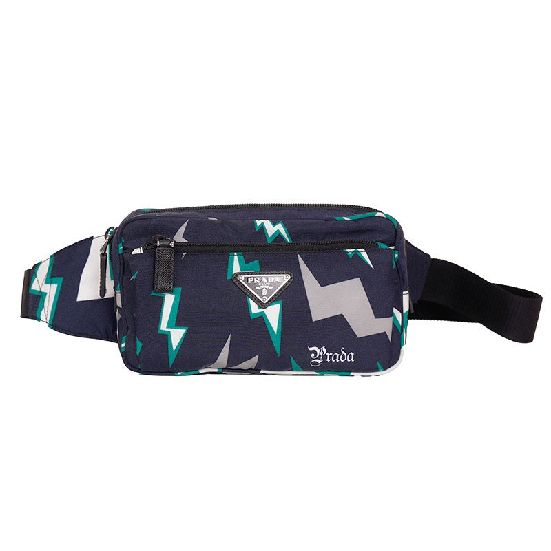 NEW $950 PRADA MEN Blue Frankenstein Thunderbolt Print PADDED NYLON Clutch BAG