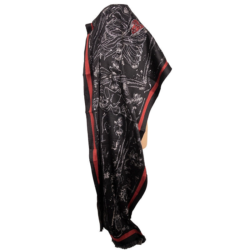 NEW $1,020 ALEXANDER MCQUEEN Black Wool Blend SKELETON GRAFFTI HEART Stole SCARF