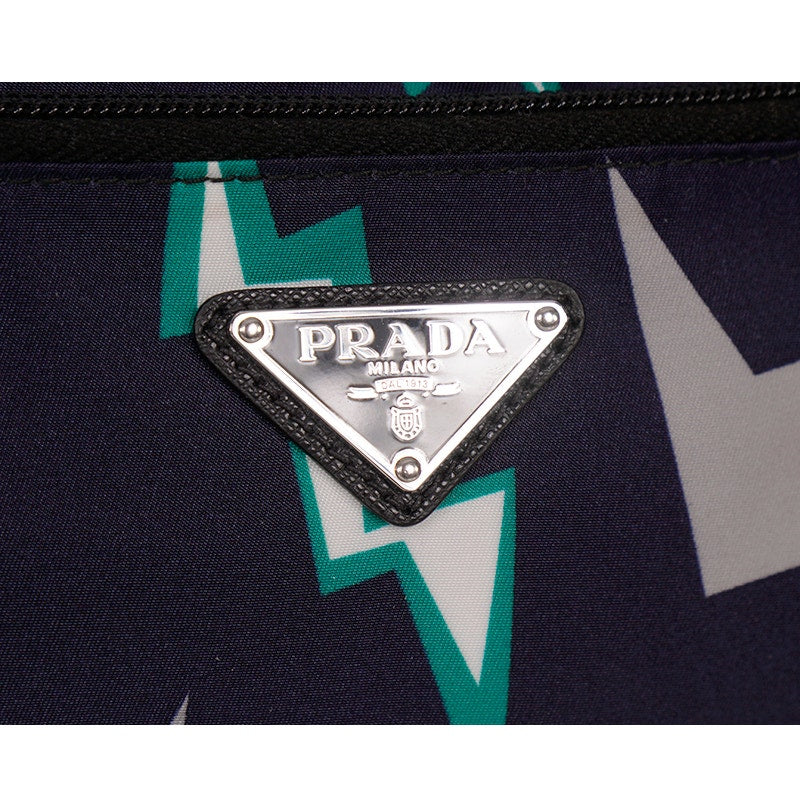 NEW $950 PRADA MEN Blue Frankenstein Thunderbolt Print PADDED NYLON Clutch BAG