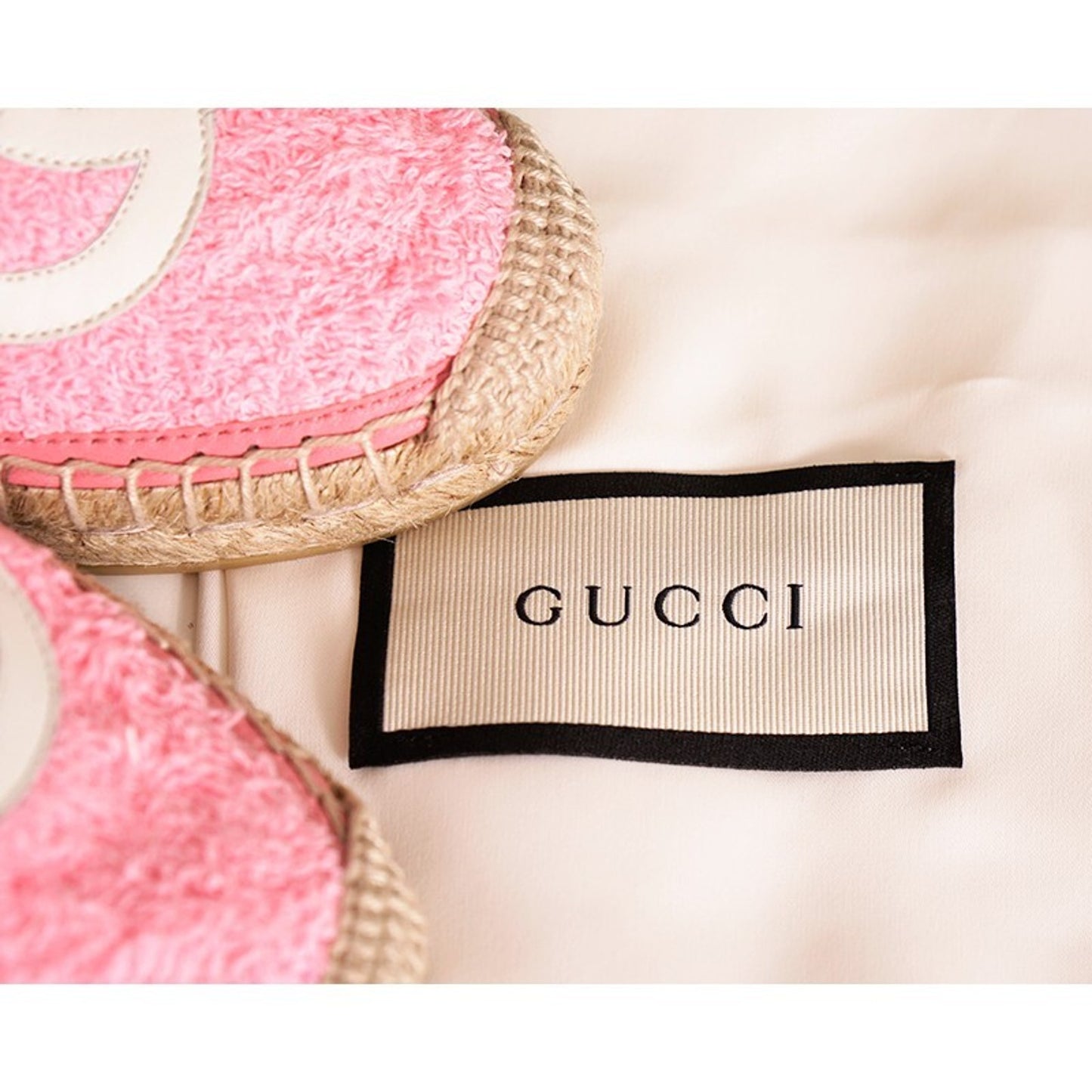 37.5 NEW $620 GUCCI Pink TERRY CLOTH Large GG LOGO Espadrille SUMMER FLATS NIB