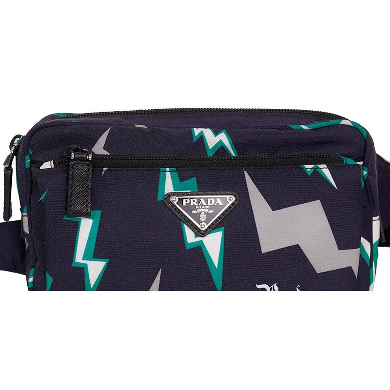 NEW $950 PRADA MEN Blue Frankenstein Thunderbolt Print PADDED NYLON Clutch BAG