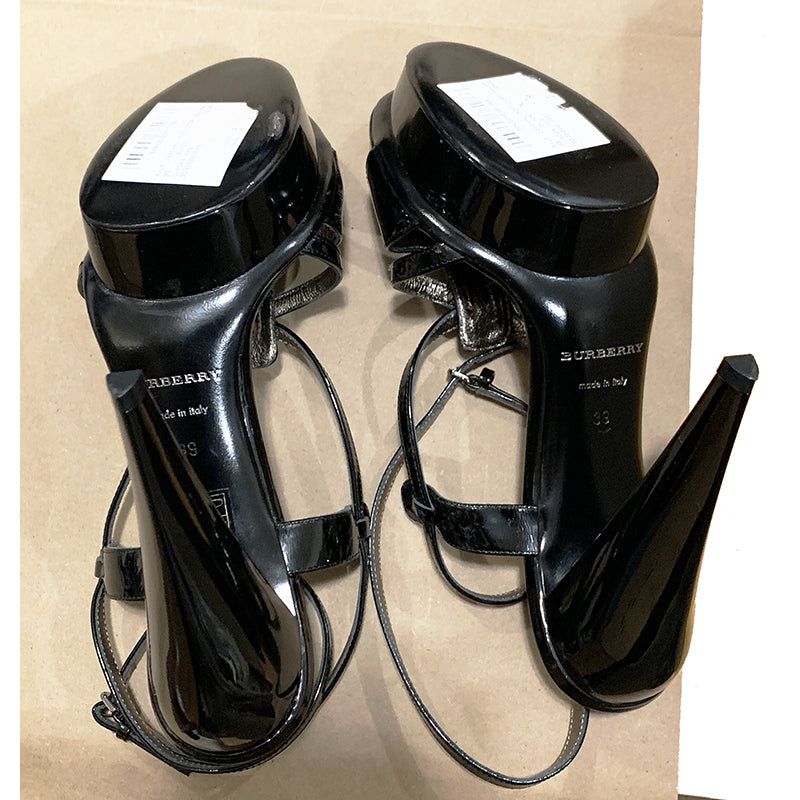 39 NEW $950 BURBERRY PRORSUM Black Patent Strappy High Heels PLATFORM SANDALS