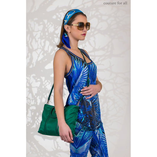 sz L NEW $523 ROBERTO CAVALLI Blue Jersey TROPICAL PALM PRINT Oversize TANK TOP