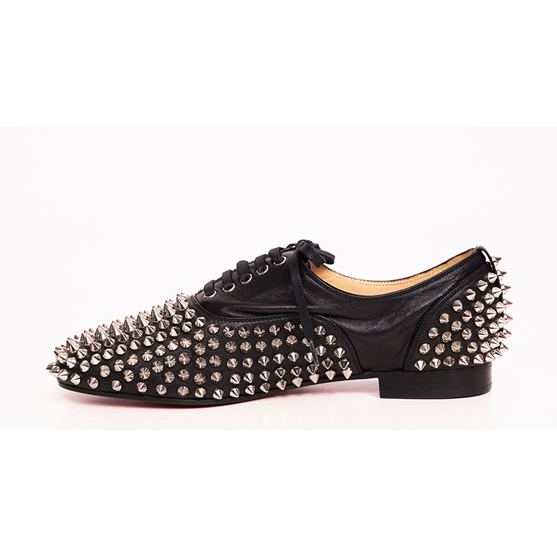 37 NEW $995 CHRISTIAN LOUBOUTIN Black Leather FREDDY STUDDED SPIKE Oxford Shoes