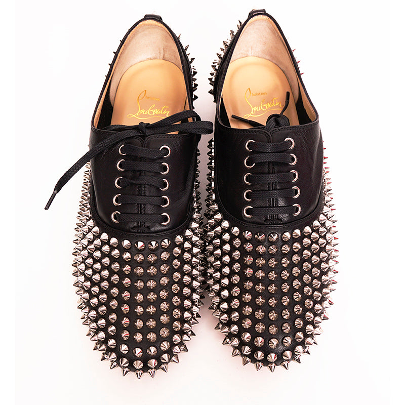 37 NEW $995 CHRISTIAN LOUBOUTIN Black Leather FREDDY STUDDED SPIKE Oxford Shoes