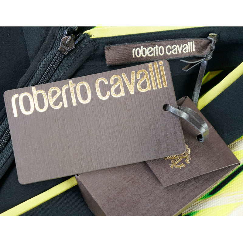 42 & 46 NEW $2560 ROBERTO CAVALLI Black Yellow-Green TROPICAL PALM PRINT Summer DRESS