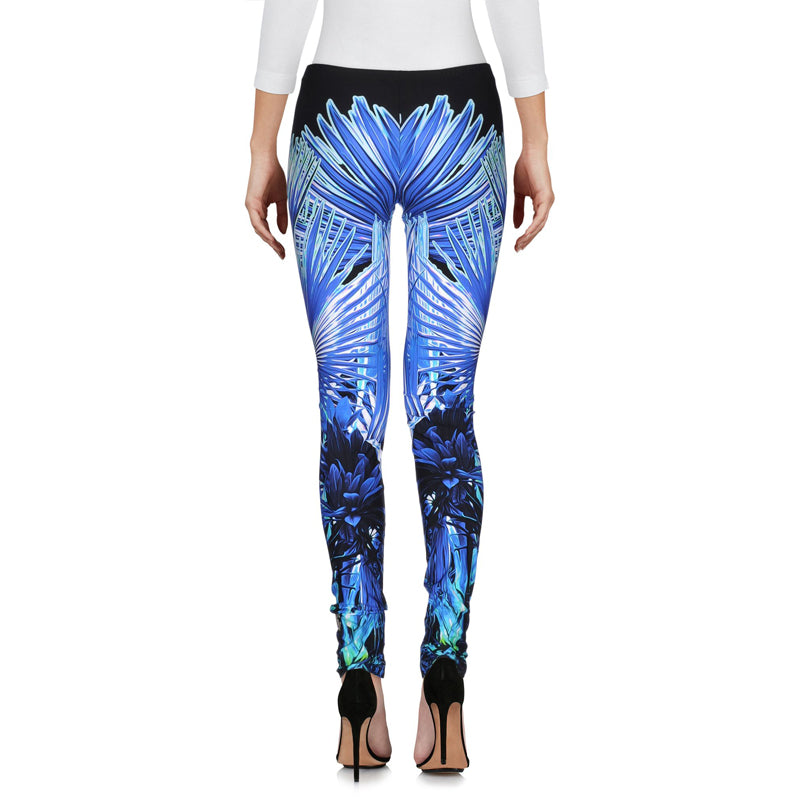 XL/L NEW $630 ROBERTO CAVALLI Blue Jersey TROPICAL PALM PRINT Skinny LEGGINGS