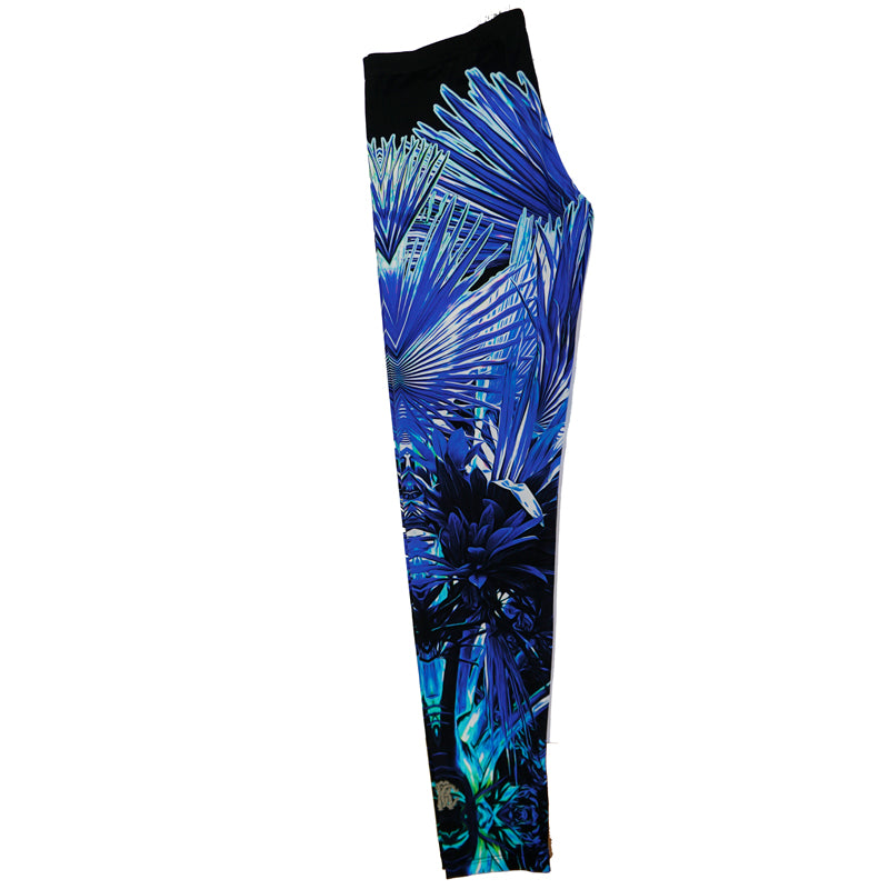 XL/L NEW $630 ROBERTO CAVALLI Blue Jersey TROPICAL PALM PRINT Skinny LEGGINGS