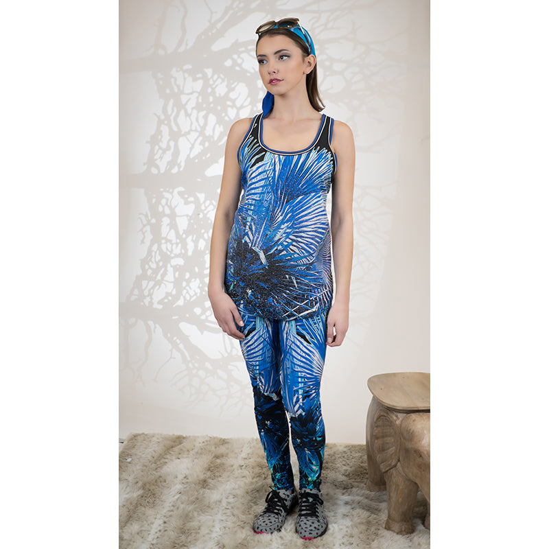 XL/L NEW $630 ROBERTO CAVALLI Blue Jersey TROPICAL PALM PRINT Skinny LEGGINGS