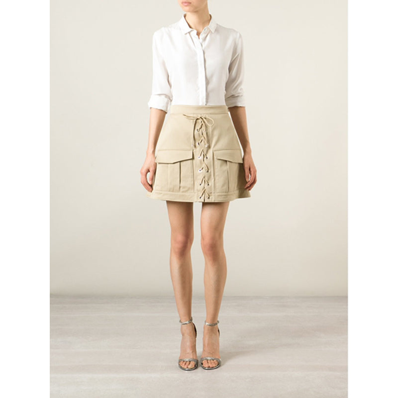 38 NEW $1,335 ROBERTO CAVALLI Runway Khaki Tan Cotton CORSET LACE UP MINI SKIRT