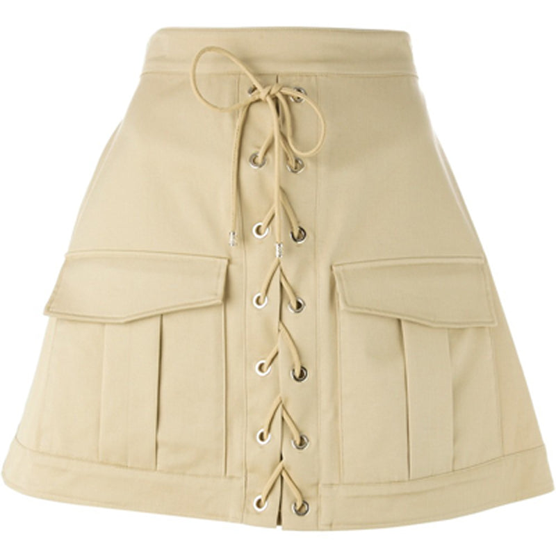 38 NEW $1,335 ROBERTO CAVALLI Runway Khaki Tan Cotton CORSET LACE UP MINI SKIRT