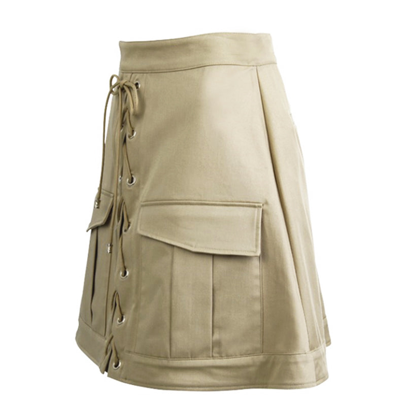 38 NEW $1,335 ROBERTO CAVALLI Runway Khaki Tan Cotton CORSET LACE UP MINI SKIRT
