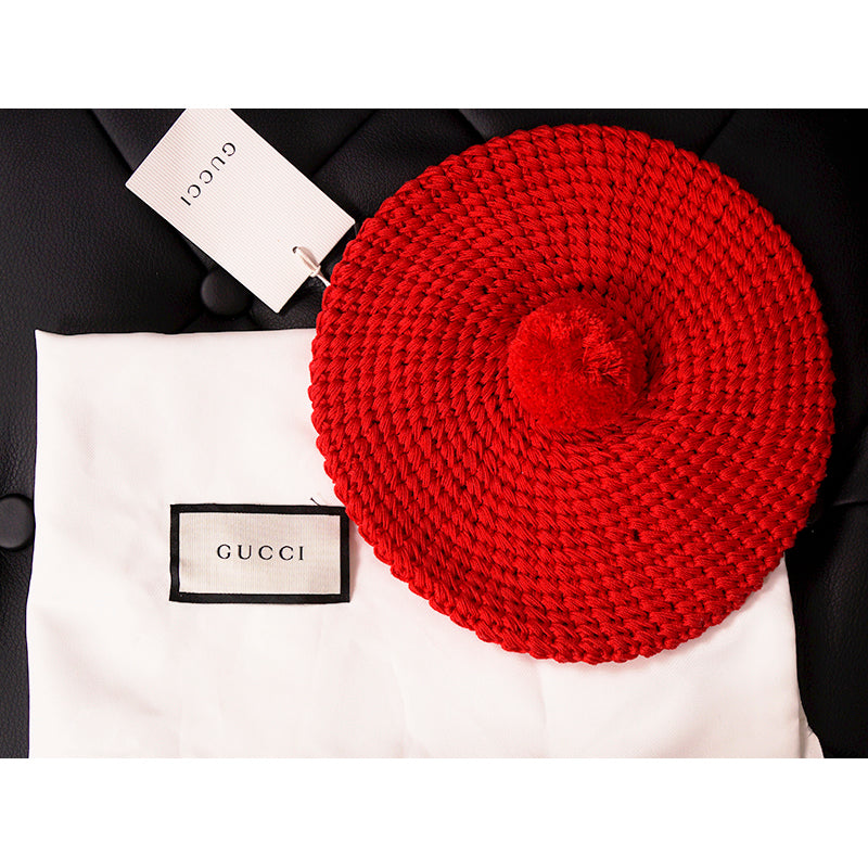 sz S NEW $495 GUCCI Runway Cherry Red Crochet Cotton Knit POM POM BERET Cute HAT