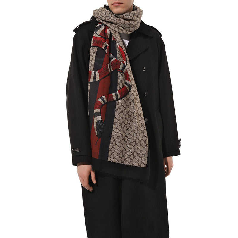 NEW $895 GUCCI GG Logo Web & Kingsnake SNAKE Wispy Woven WOOL SCARF 70 x 200