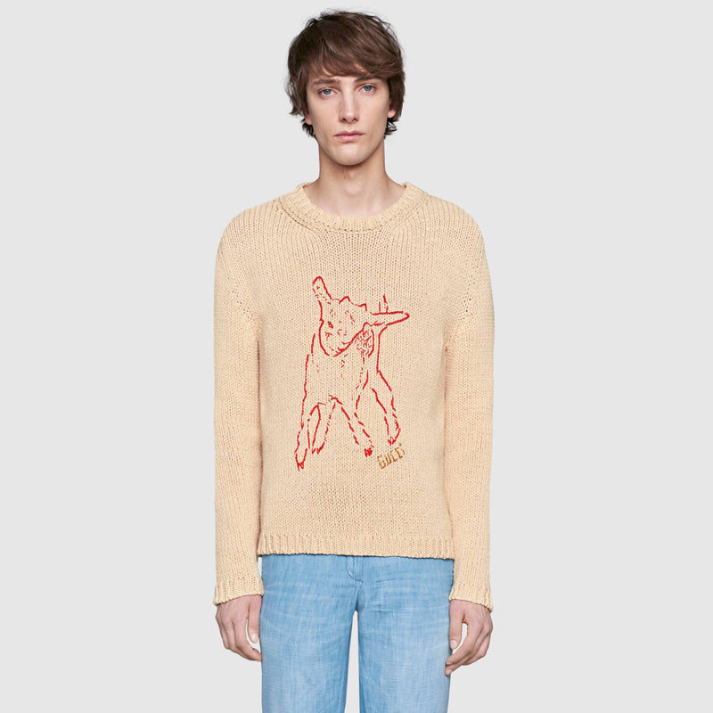sz L NEW $1800 GUCCI Men's Tan RED STICHED LAMB Knit ANIMAL MAGNETISM SWEATER