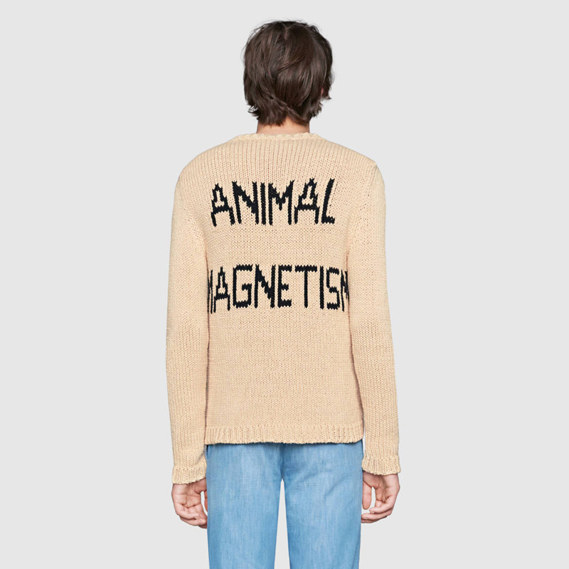 sz L NEW $1800 GUCCI Men's Tan RED STICHED LAMB Knit ANIMAL MAGNETISM SWEATER