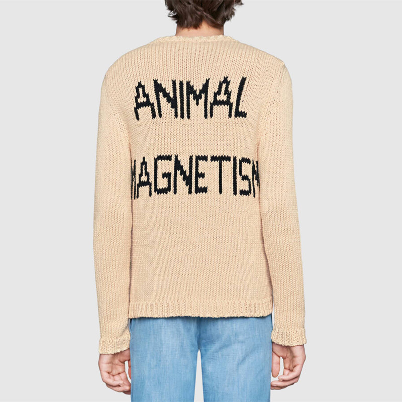sz L NEW $1800 GUCCI Men's Tan RED STICHED LAMB Knit ANIMAL MAGNETISM SWEATER