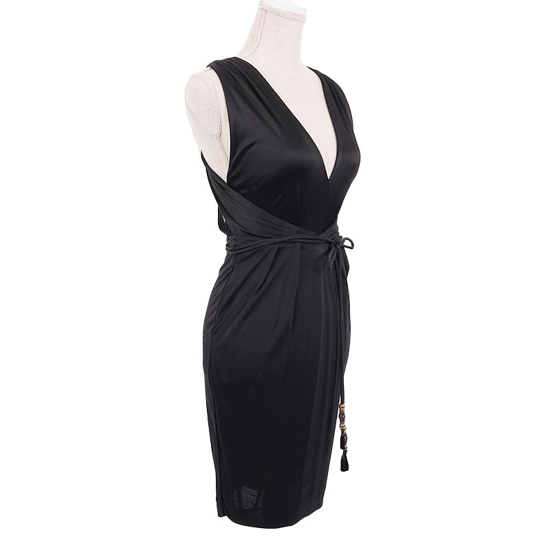 XXS NEW $1595 GUCCI Black DRAPE OPEN BACK Sleeveless CORD BAMBOO BELT DRESS LBD