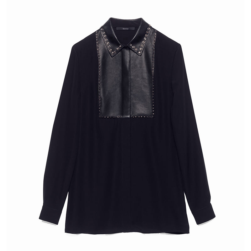 40 NEW $1450 GUCCI Black Silk LEATHER BIB TRIM & CRYSTAL STUD Blouse Shirt TOP