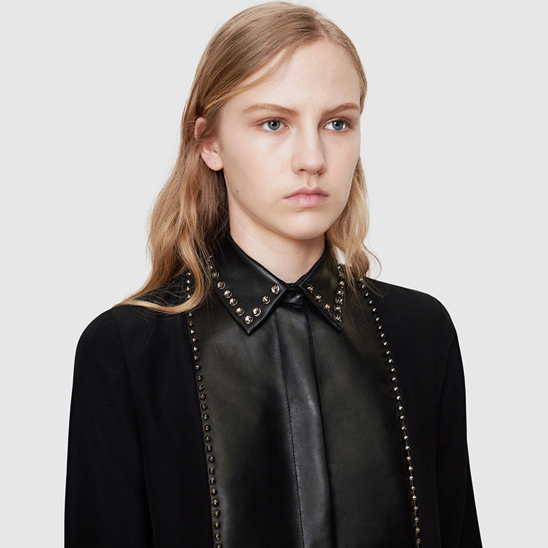 40 NEW $1450 GUCCI Black Silk LEATHER BIB TRIM & CRYSTAL STUD Blouse Shirt TOP