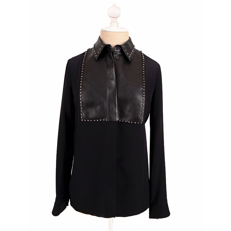 40 NEW $1450 GUCCI Black Silk LEATHER BIB TRIM & CRYSTAL STUD Blouse Shirt TOP