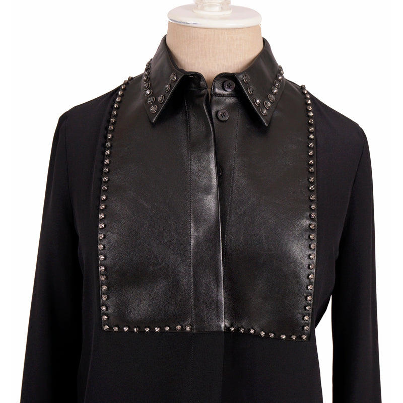 40 NEW $1450 GUCCI Black Silk LEATHER BIB TRIM & CRYSTAL STUD Blouse Shirt TOP