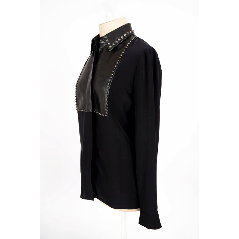 40 NEW $1450 GUCCI Black Silk LEATHER BIB TRIM & CRYSTAL STUD Blouse Shirt TOP