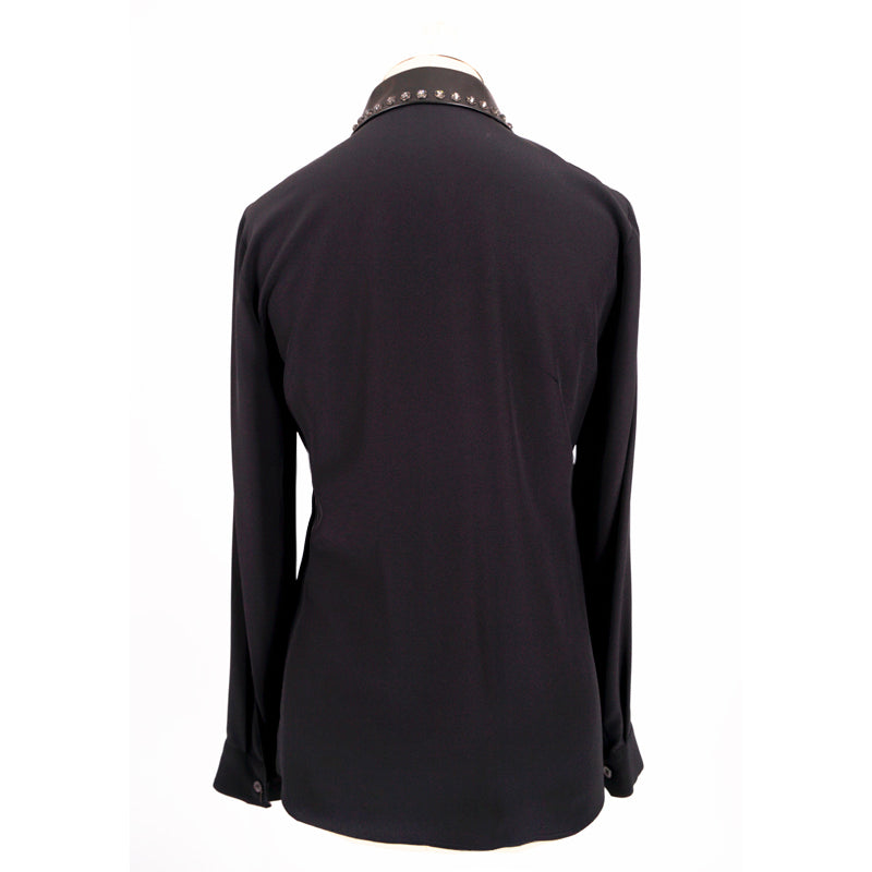40 NEW $1450 GUCCI Black Silk LEATHER BIB TRIM & CRYSTAL STUD Blouse Shirt TOP