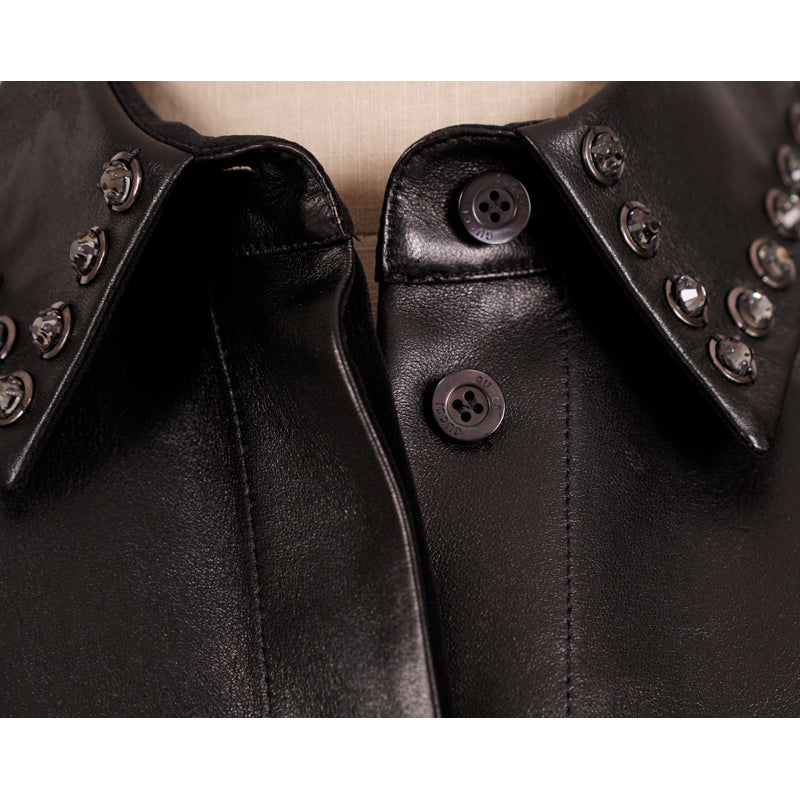 40 NEW $1450 GUCCI Black Silk LEATHER BIB TRIM & CRYSTAL STUD Blouse Shirt TOP