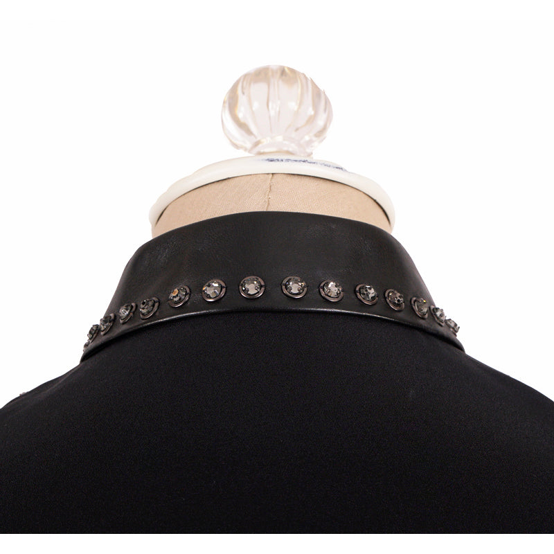 40 NEW $1450 GUCCI Black Silk LEATHER BIB TRIM & CRYSTAL STUD Blouse Shirt TOP