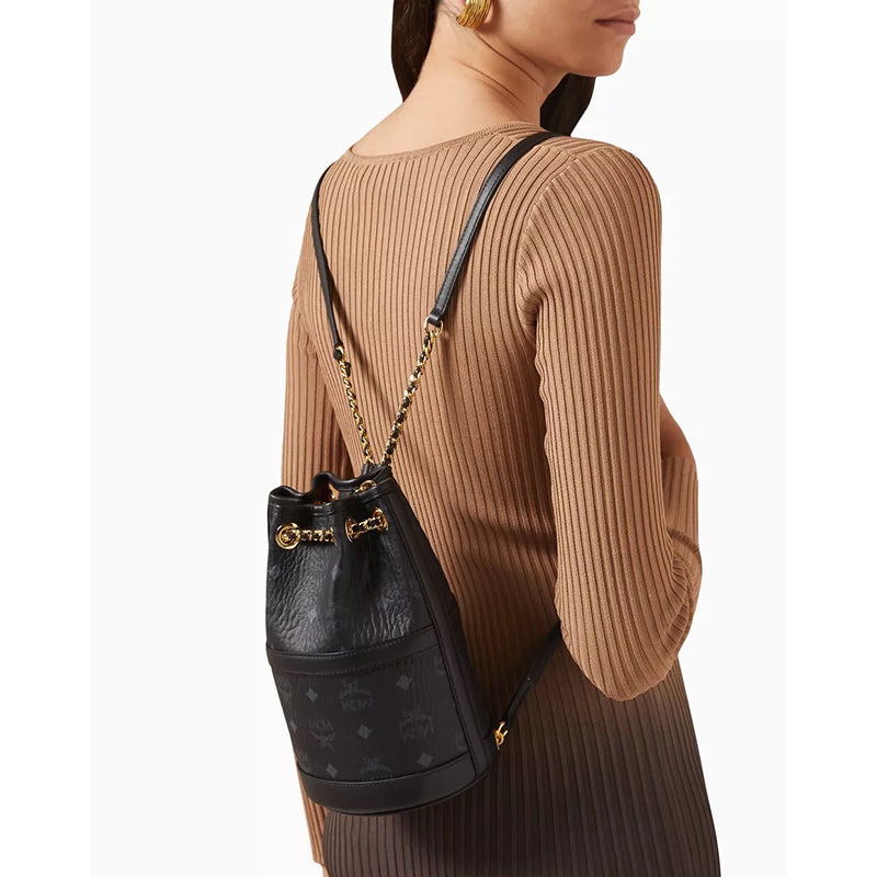 NEW $950 MCM Black Logo Monogram Visetos AREN VI Mini 2Way DRAWSTRING BUCKET BAG