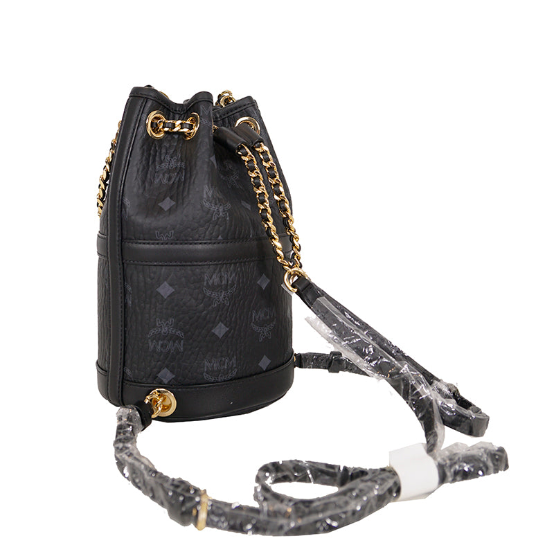 NEW $950 MCM Black Logo Monogram Visetos AREN VI Mini 2Way DRAWSTRING BUCKET BAG