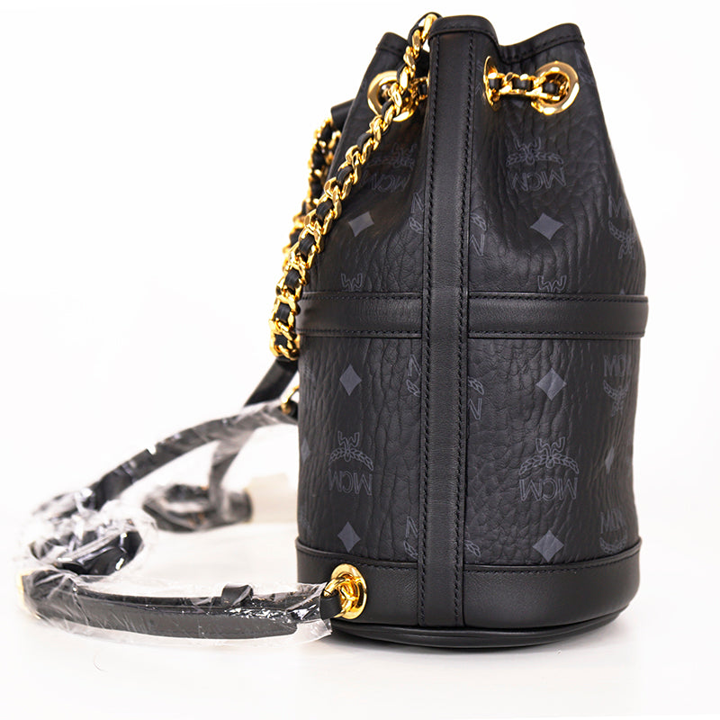 NEW $950 MCM Black Logo Monogram Visetos AREN VI Mini 2Way DRAWSTRING BUCKET BAG