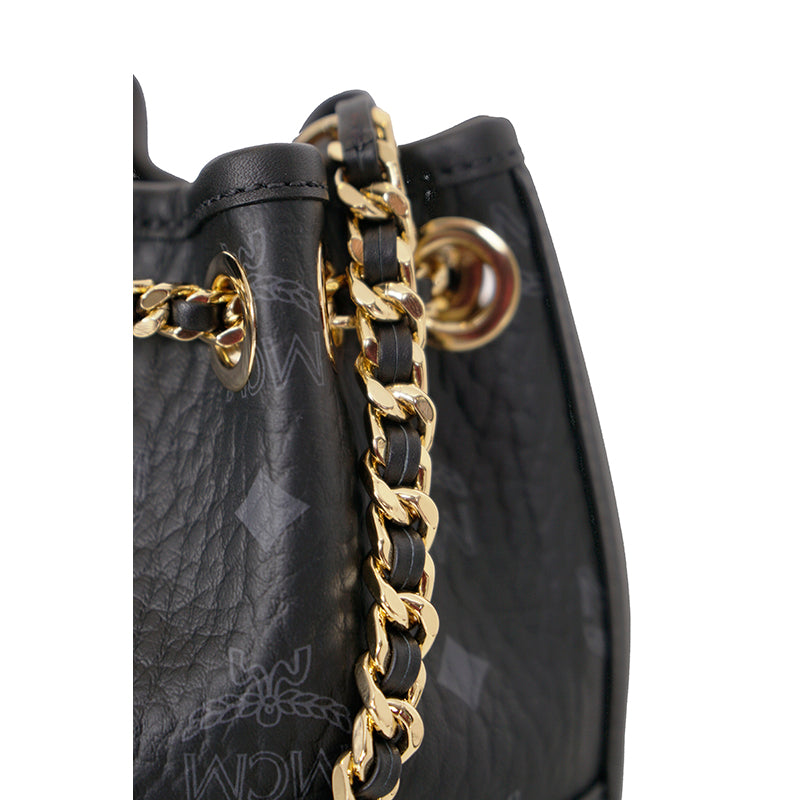 NEW $950 MCM Black Logo Monogram Visetos AREN VI Mini 2Way DRAWSTRING BUCKET BAG