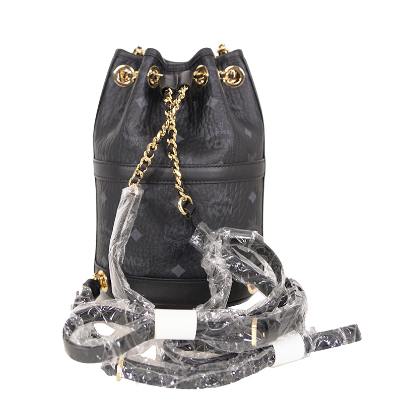 NEW $950 MCM Black Logo Monogram Visetos AREN VI Mini 2Way DRAWSTRING BUCKET BAG