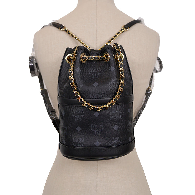 NEW $950 MCM Black Logo Monogram Visetos AREN VI Mini 2Way DRAWSTRING BUCKET BAG