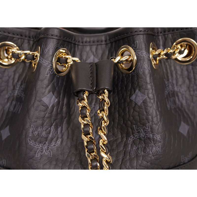 NEW $950 MCM Black Logo Monogram Visetos AREN VI Mini 2Way DRAWSTRING BUCKET BAG