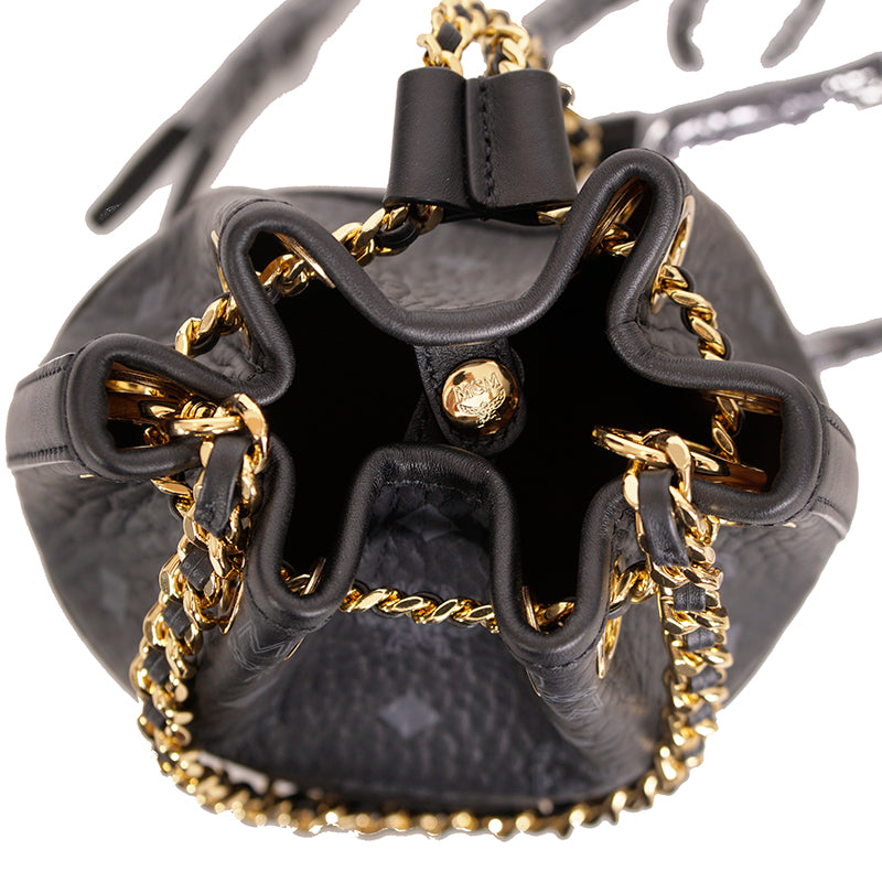 NEW $950 MCM Black Logo Monogram Visetos AREN VI Mini 2Way DRAWSTRING BUCKET BAG