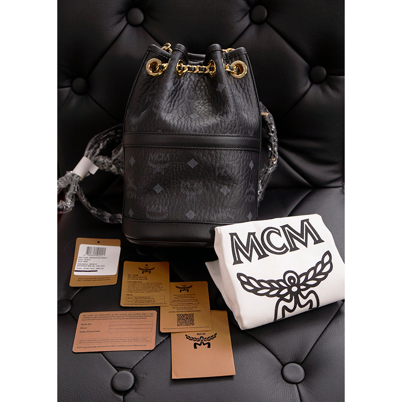 NEW $950 MCM Black Logo Monogram Visetos AREN VI Mini 2Way DRAWSTRING BUCKET BAG
