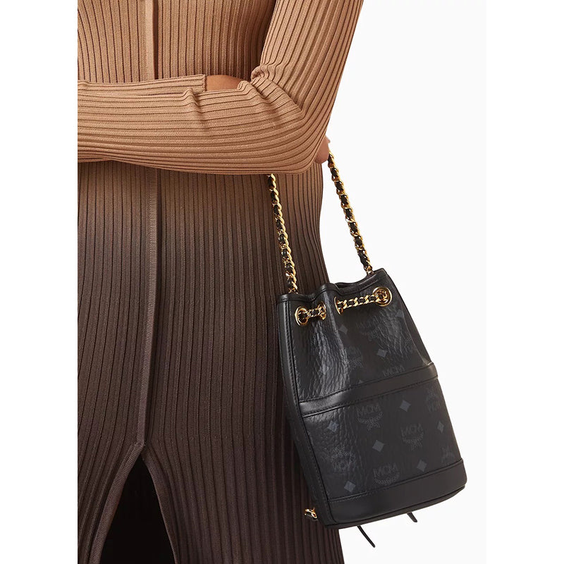 NEW $950 MCM Black Logo Monogram Visetos AREN VI Mini 2Way DRAWSTRING BUCKET BAG