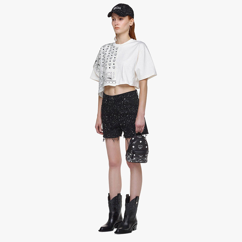 NEW $950 MCM Black Logo Monogram Visetos AREN VI Mini 2Way DRAWSTRING BUCKET BAG