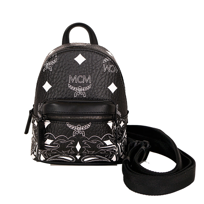 NEW $990 MCM Black Visetos White Logo Stark WESTERN BANDANA VI MINI BACKPACK BAG