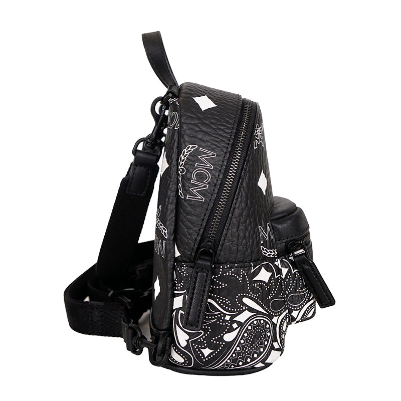 NEW $990 MCM Black Visetos White Logo Stark WESTERN BANDANA VI MINI BACKPACK BAG