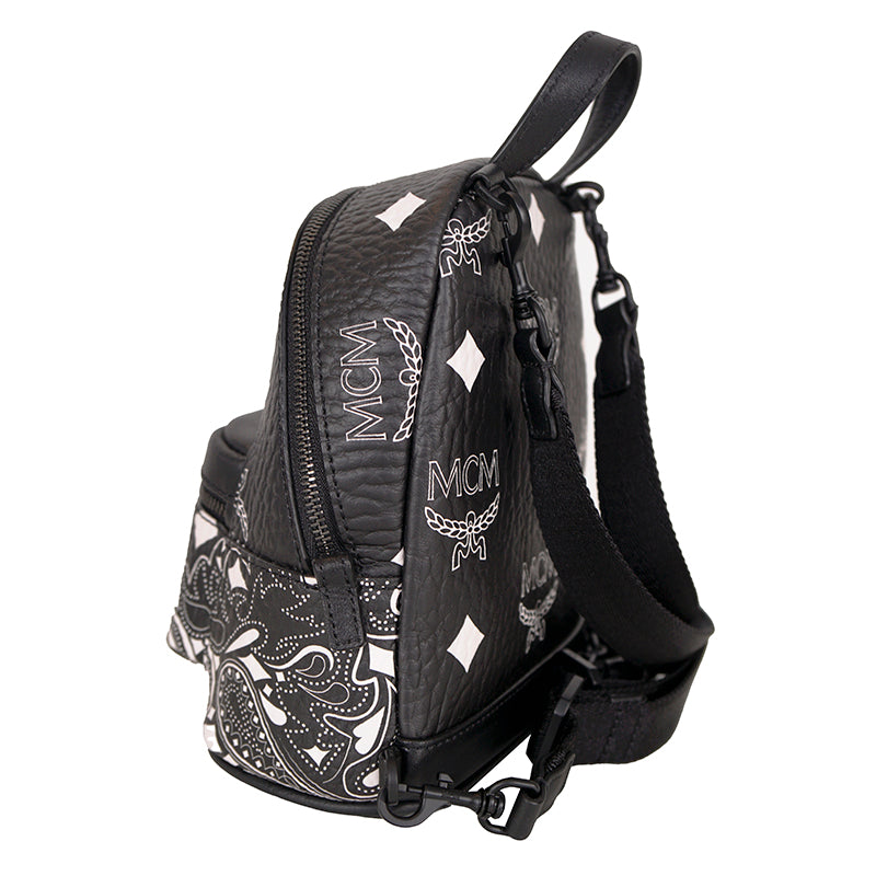 NEW $990 MCM Black Visetos White Logo Stark WESTERN BANDANA VI MINI BACKPACK BAG