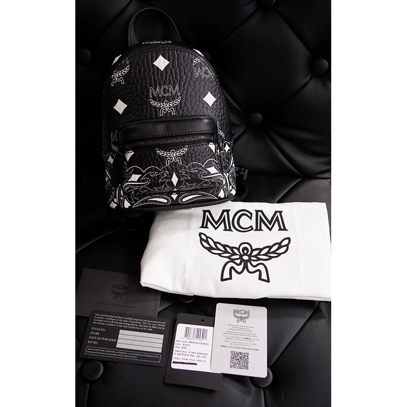 NEW $990 MCM Black Visetos White Logo Stark WESTERN BANDANA VI MINI BACKPACK BAG