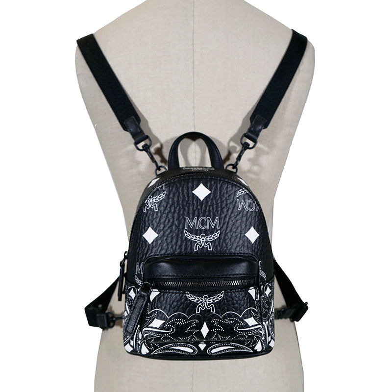 NEW $990 MCM Black Visetos White Logo Stark WESTERN BANDANA VI MINI BACKPACK BAG