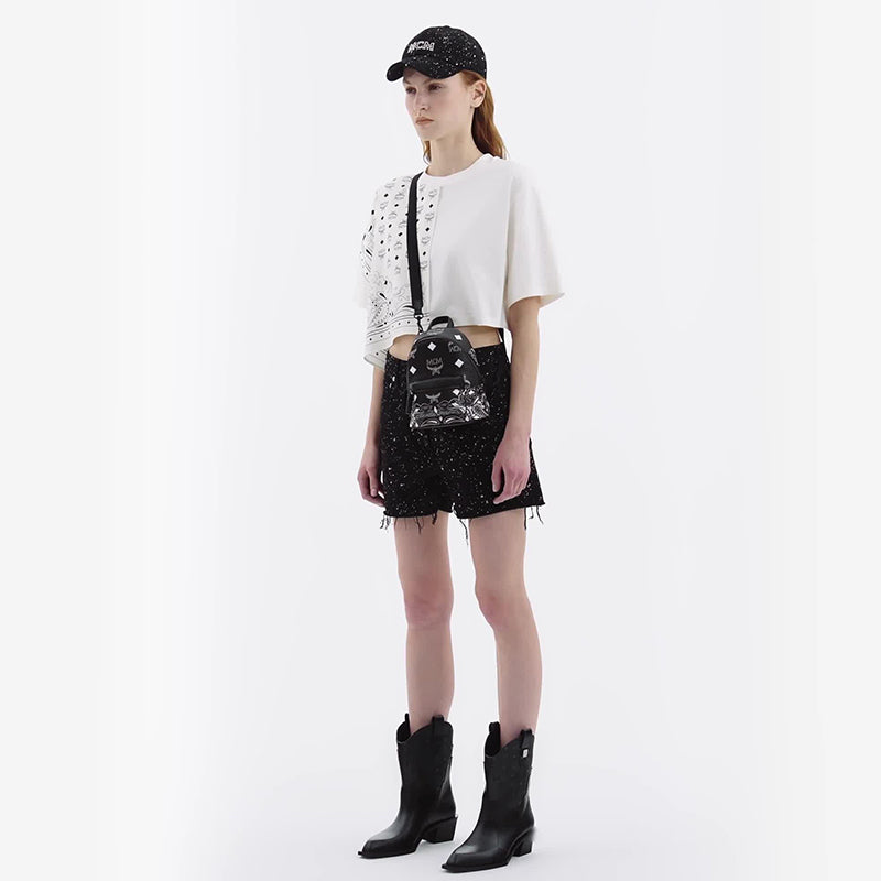 NEW $990 MCM Black Visetos White Logo Stark WESTERN BANDANA VI MINI BACKPACK BAG