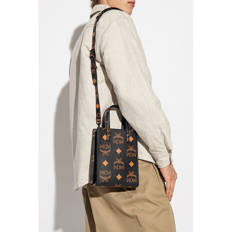 NEW $690 MCM Black Coated Canvas MINI AREN ORANGE LOGO Visetos CROSSBODY BAG NWT