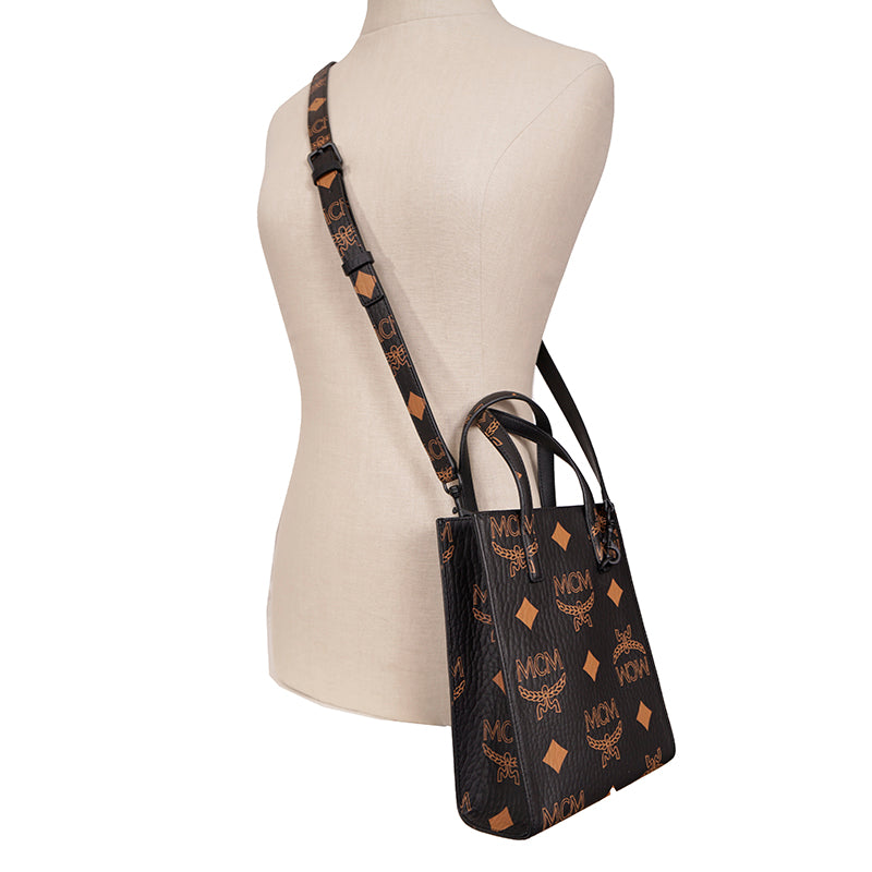NEW $690 MCM Black Coated Canvas MINI AREN ORANGE LOGO Visetos CROSSBODY BAG NWT